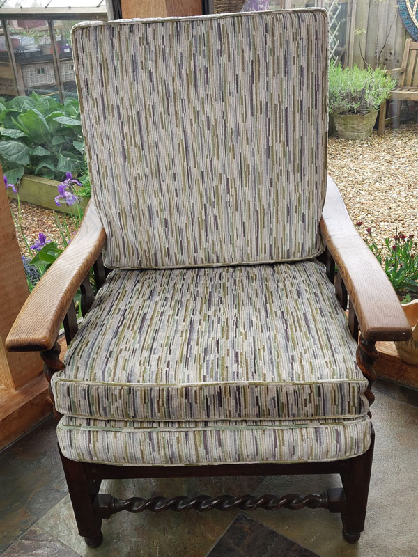 New Ercol dining chair pads, in a modern chenille fabric,  have tranformed this set of dining chairs